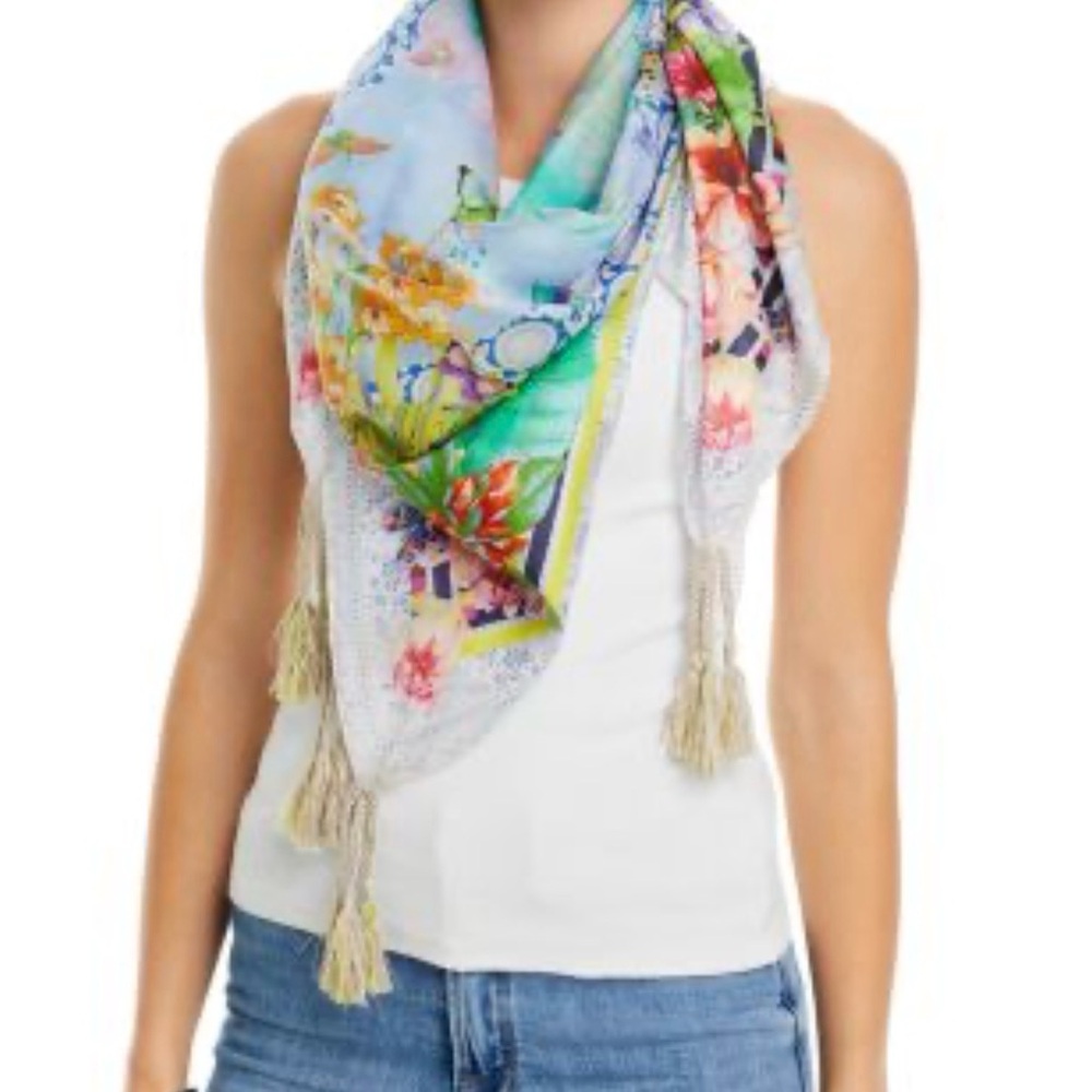 JOHNNY WAS Silk Scarf Tiger Botanicals Parrot Boho Wrap w/ Tassels - Picture 2 of 7